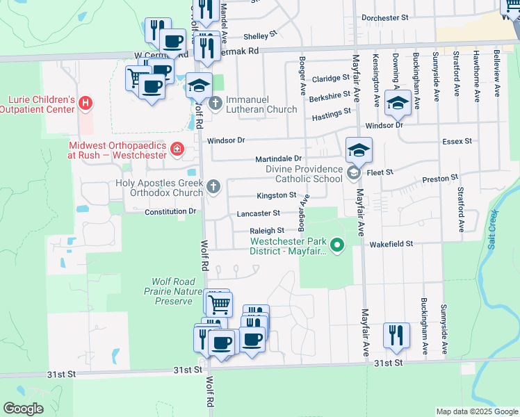 map of restaurants, bars, coffee shops, grocery stores, and more near 11022 Lancaster Street in Westchester