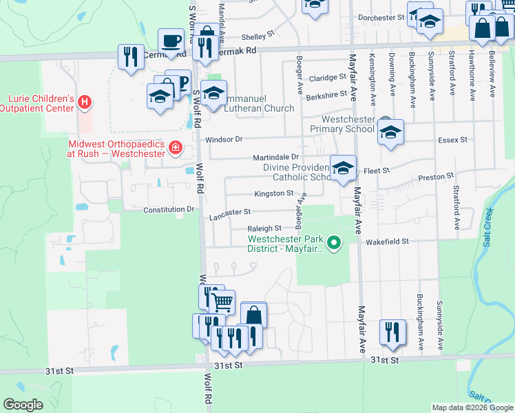 map of restaurants, bars, coffee shops, grocery stores, and more near 11022 Lancaster Street in Westchester