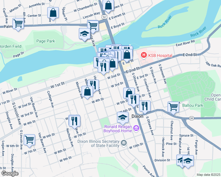 map of restaurants, bars, coffee shops, grocery stores, and more near 304 South Peoria Avenue in Dixon