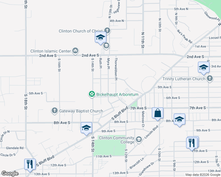 map of restaurants, bars, coffee shops, grocery stores, and more near 301-399 Myra Place in Clinton