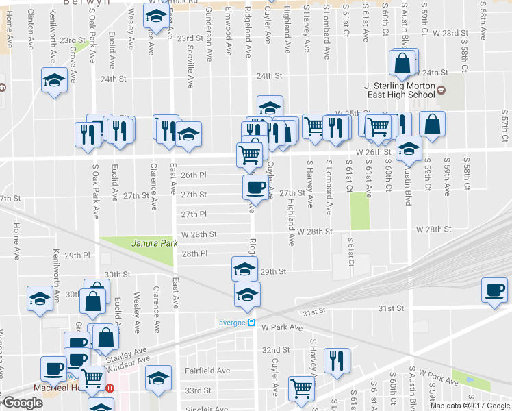 map of restaurants, bars, coffee shops, grocery stores, and more near 2715 Ridgeland Avenue in Berwyn