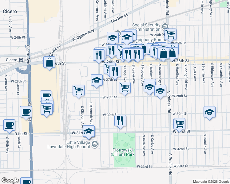 map of restaurants, bars, coffee shops, grocery stores, and more near 2742 South Kildare Avenue in Chicago