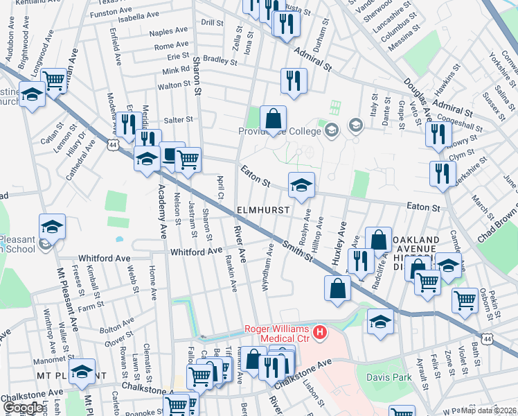 map of restaurants, bars, coffee shops, grocery stores, and more near in Providence