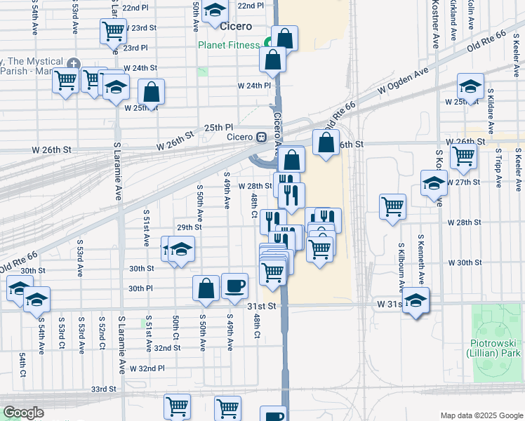 map of restaurants, bars, coffee shops, grocery stores, and more near 2831 48th Court in Cicero