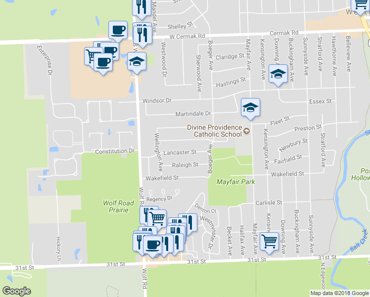 map of restaurants, bars, coffee shops, grocery stores, and more near 11022 Lancaster Street in Westchester