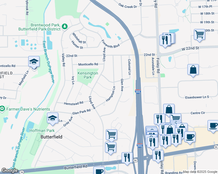map of restaurants, bars, coffee shops, grocery stores, and more near 21W000 Mayfair Road in Lombard