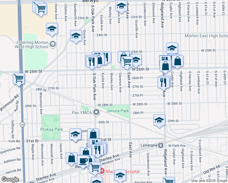 map of restaurants, bars, coffee shops, grocery stores, and more near 2709 Wesley Avenue in Berwyn