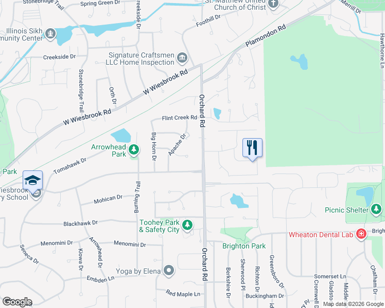 map of restaurants, bars, coffee shops, grocery stores, and more near 2S144 Orchard Road in Wheaton