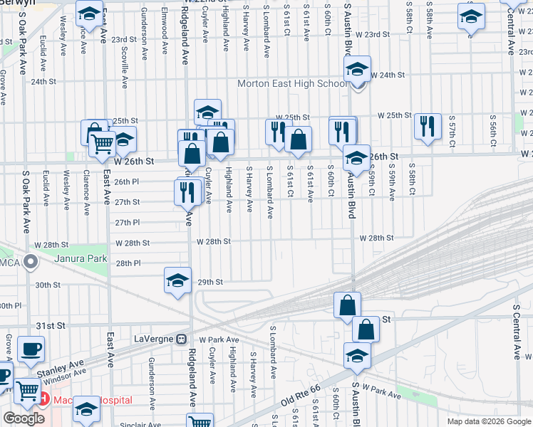 map of restaurants, bars, coffee shops, grocery stores, and more near 2716 Lombard Avenue in Berwyn