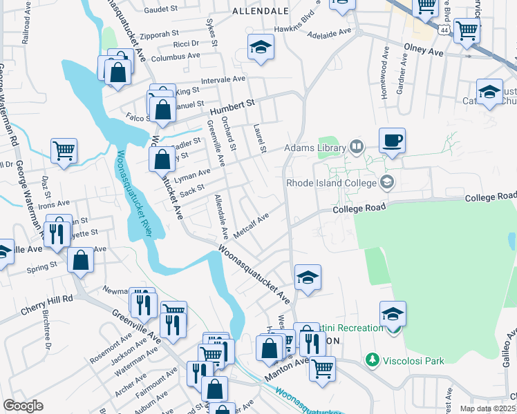 map of restaurants, bars, coffee shops, grocery stores, and more near 3 Meadow Avenue in North Providence