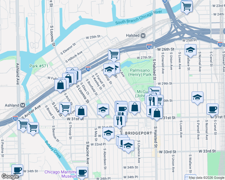 map of restaurants, bars, coffee shops, grocery stores, and more near 2910 South Throop Street in Chicago