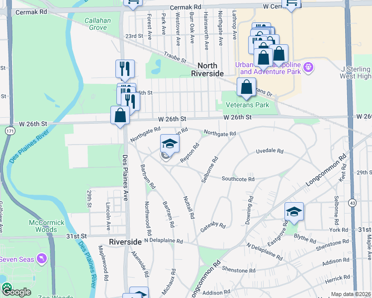 map of restaurants, bars, coffee shops, grocery stores, and more near 422 Repton Road in Riverside