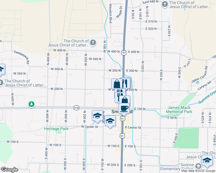 map of restaurants, bars, coffee shops, grocery stores, and more near 105 West 200 North in Smithfield