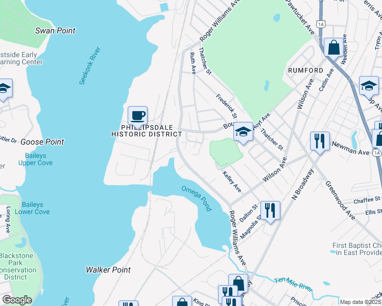 map of restaurants, bars, coffee shops, grocery stores, and more near 27 Riverwoods Ct in East Providence