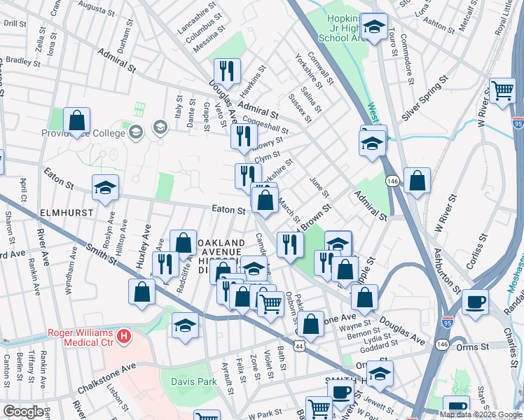 map of restaurants, bars, coffee shops, grocery stores, and more near 391 Douglas Avenue in Providence