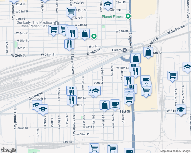 map of restaurants, bars, coffee shops, grocery stores, and more near 2827 50th Ct in Cicero