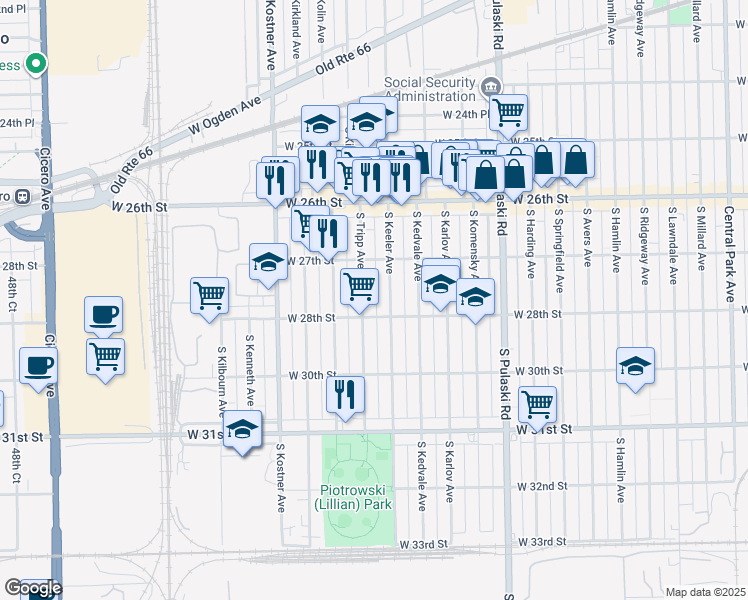 map of restaurants, bars, coffee shops, grocery stores, and more near 2743 South Tripp Avenue in Chicago