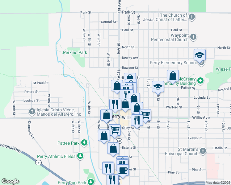 map of restaurants, bars, coffee shops, grocery stores, and more near 1311 1st Avenue in Perry