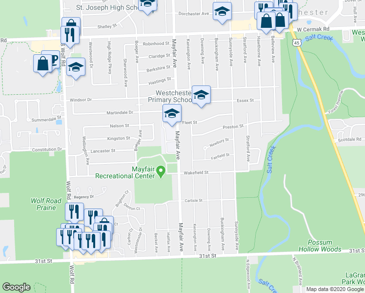 map of restaurants, bars, coffee shops, grocery stores, and more near 2551 Mayfair Avenue in Westchester