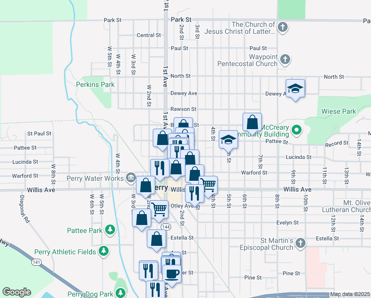 map of restaurants, bars, coffee shops, grocery stores, and more near 1307 2nd Street in Perry