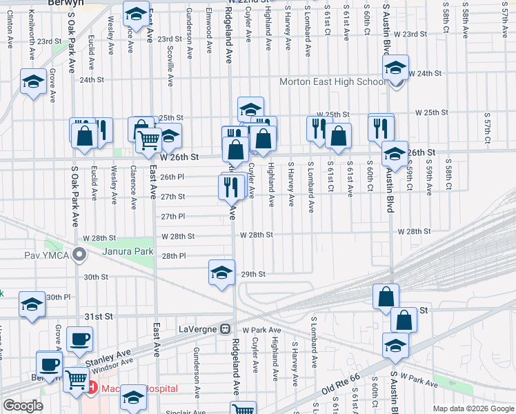 map of restaurants, bars, coffee shops, grocery stores, and more near 2711 Cuyler Avenue in Berwyn