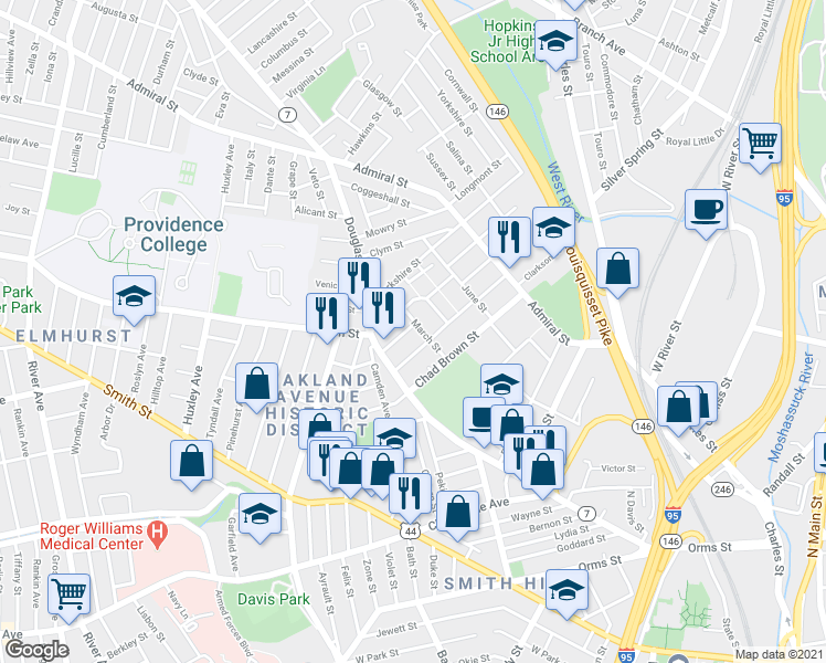 map of restaurants, bars, coffee shops, grocery stores, and more near 37 Suffolk St in Providence