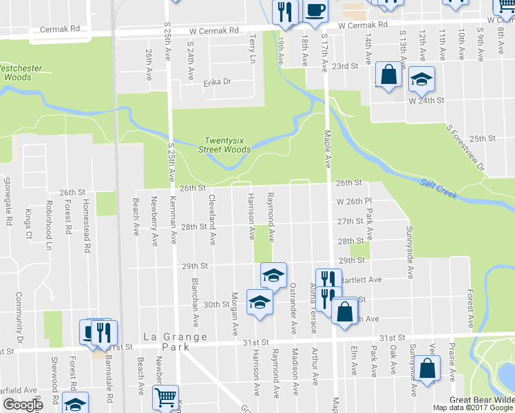 map of restaurants, bars, coffee shops, grocery stores, and more near 1521 Harrison Ave in La Grange Park