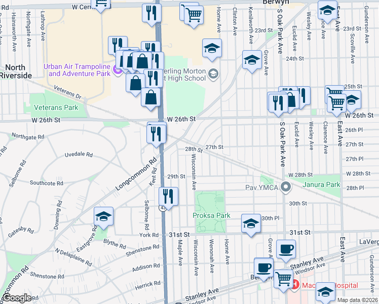 map of restaurants, bars, coffee shops, grocery stores, and more near 7108 28th Street in Berwyn