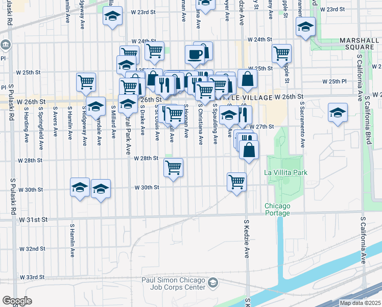 map of restaurants, bars, coffee shops, grocery stores, and more near 2757 South Homan Avenue in Chicago