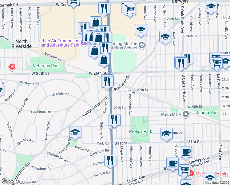 map of restaurants, bars, coffee shops, grocery stores, and more near 7146 Riverside Drive in Berwyn