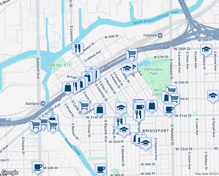 map of restaurants, bars, coffee shops, grocery stores, and more near 2950 South Bonfield Street in Chicago