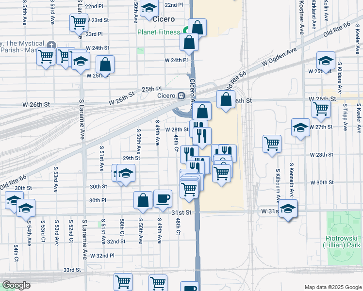 map of restaurants, bars, coffee shops, grocery stores, and more near 2831 48th Court in Cicero