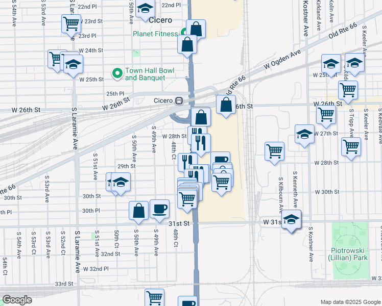 map of restaurants, bars, coffee shops, grocery stores, and more near 2828 Illinois 50 in Cicero