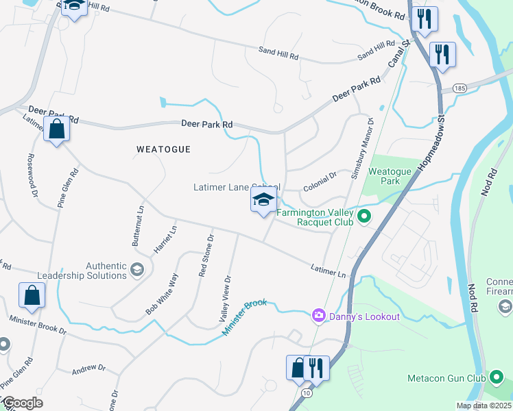 map of restaurants, bars, coffee shops, grocery stores, and more near 33 Mountain View Drive in Simsbury