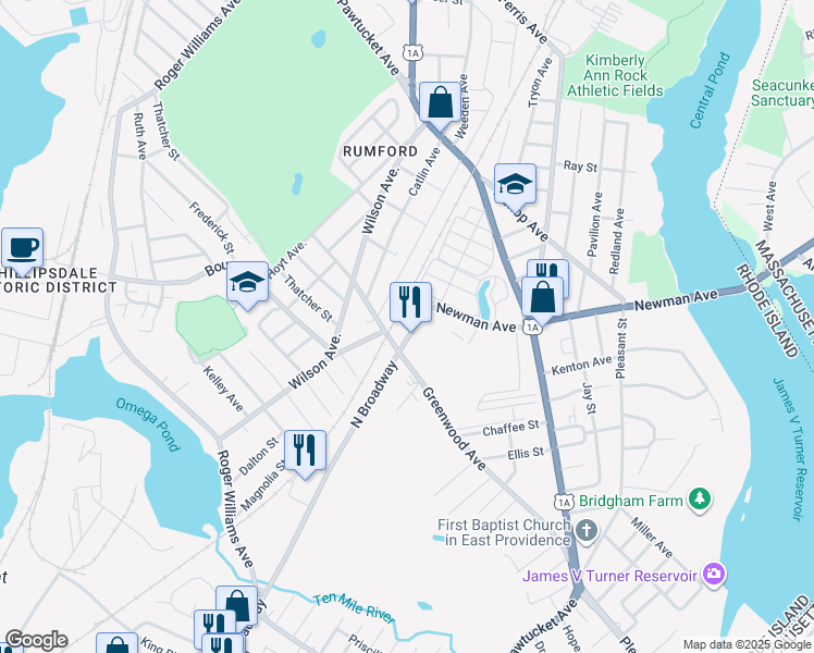map of restaurants, bars, coffee shops, grocery stores, and more near 10 Newman Avenue in East Providence