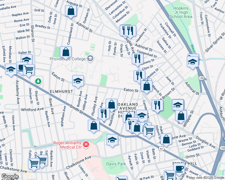 map of restaurants, bars, coffee shops, grocery stores, and more near 108 Eaton Street in Providence