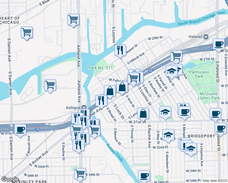 map of restaurants, bars, coffee shops, grocery stores, and more near 2846 Dermott Street in Chicago