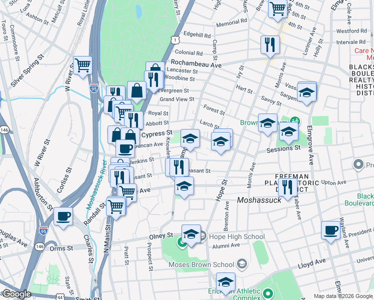 map of restaurants, bars, coffee shops, grocery stores, and more near 121 Camp Street in Providence