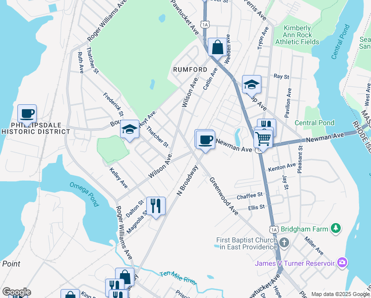 map of restaurants, bars, coffee shops, grocery stores, and more near 63 Elm Avenue in East Providence