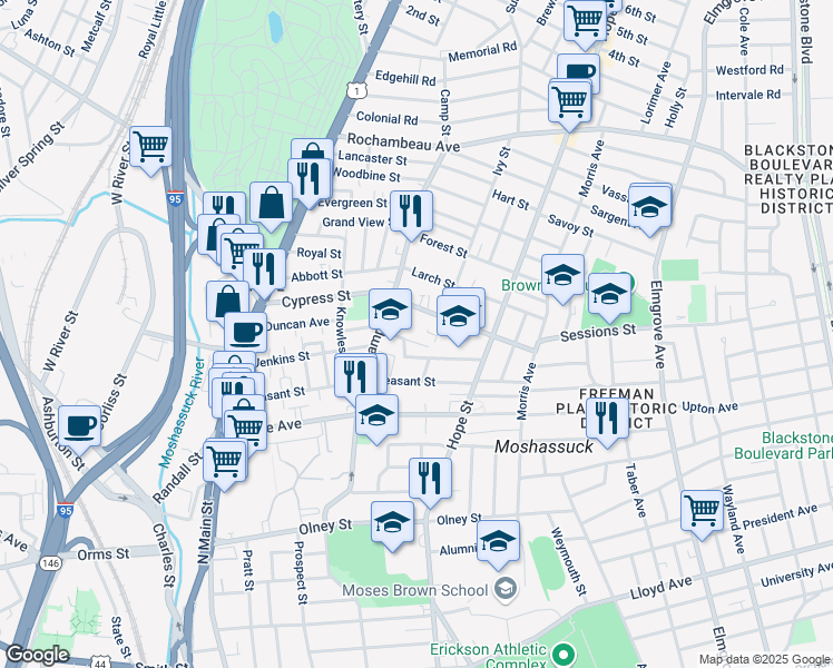 map of restaurants, bars, coffee shops, grocery stores, and more near 76 Locust Street in Providence