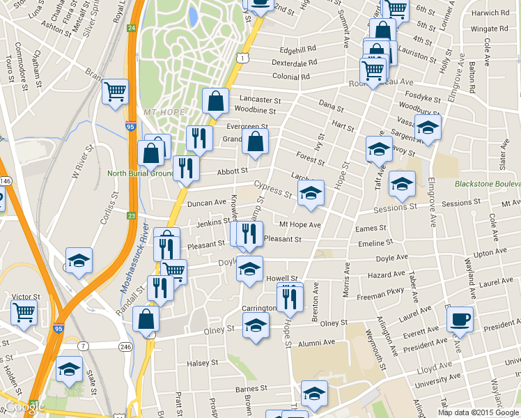 map of restaurants, bars, coffee shops, grocery stores, and more near 121 Camp Street in Providence