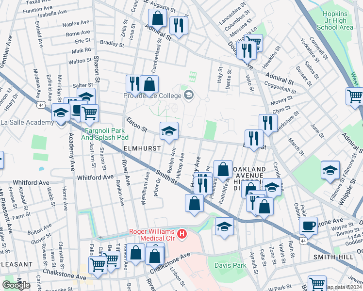 map of restaurants, bars, coffee shops, grocery stores, and more near 67 Roslyn Avenue in Providence