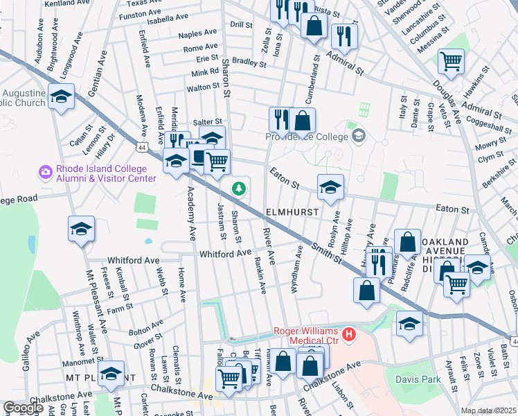 map of restaurants, bars, coffee shops, grocery stores, and more near 475 River Avenue in Providence