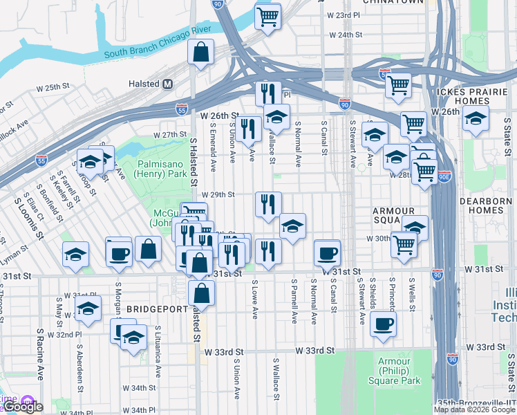 map of restaurants, bars, coffee shops, grocery stores, and more near 2926 South Wallace Street in Chicago