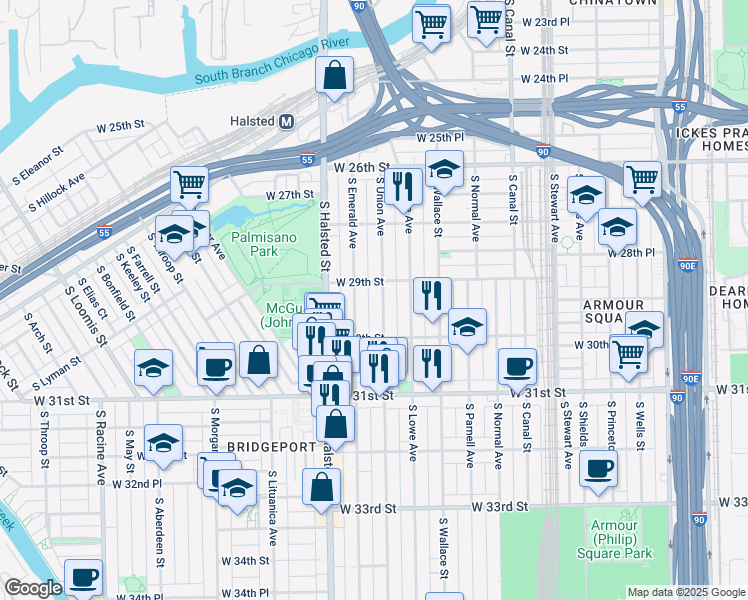 map of restaurants, bars, coffee shops, grocery stores, and more near 2921 South Emerald Avenue in Chicago