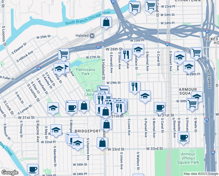 map of restaurants, bars, coffee shops, grocery stores, and more near 2921 South Emerald Avenue in Chicago