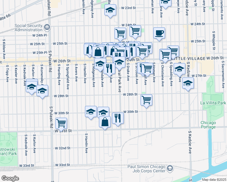 map of restaurants, bars, coffee shops, grocery stores, and more near 2755 South Millard Avenue in Chicago