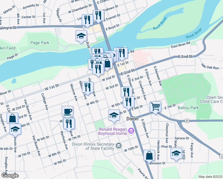map of restaurants, bars, coffee shops, grocery stores, and more near 316 South Hennepin Avenue in Dixon