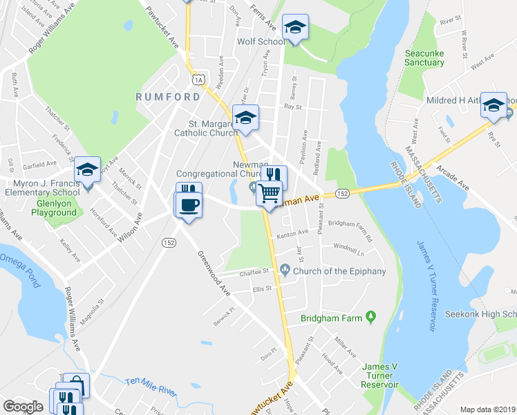 map of restaurants, bars, coffee shops, grocery stores, and more near 162 Newman Avenue in East Providence