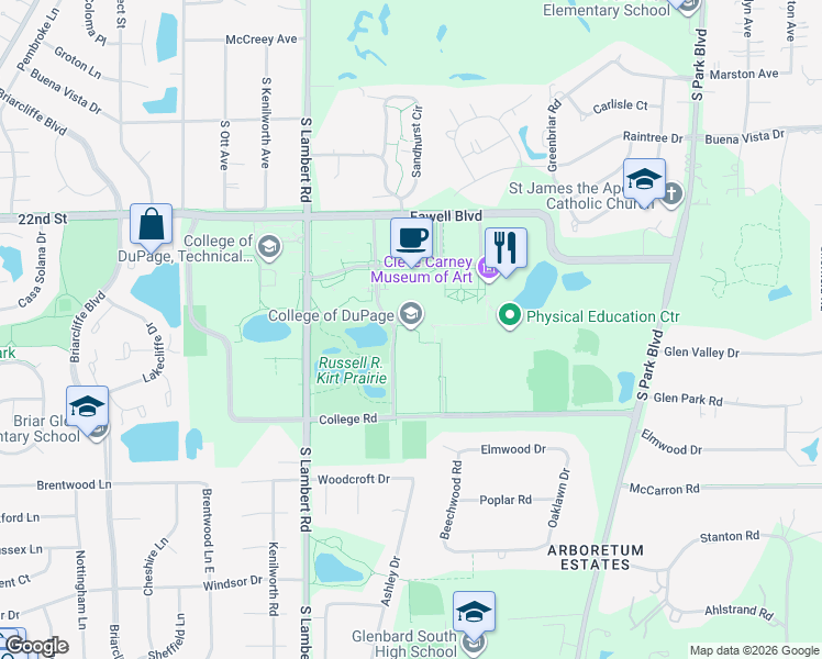 map of restaurants, bars, coffee shops, grocery stores, and more near 425 Fawell Boulevard in Glen Ellyn